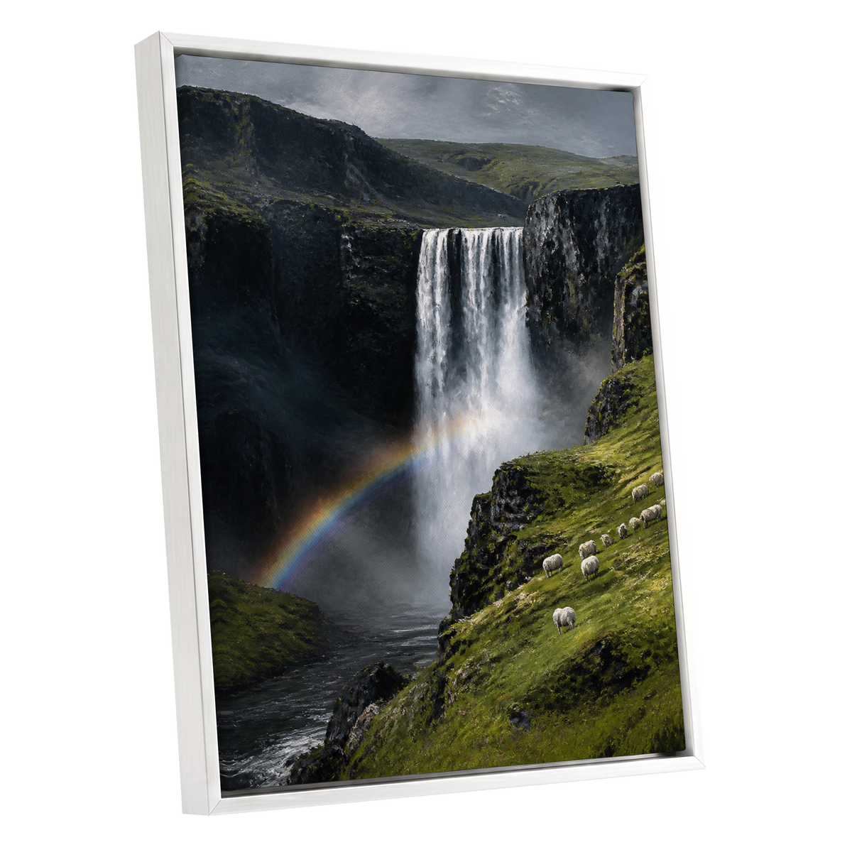 Rainbow at the Falls, green, black, white nature wall art shown as a white framed canvas wall art