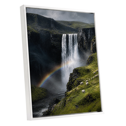 Rainbow at the Falls, green, black, white nature wall art shown as a white framed canvas wall art