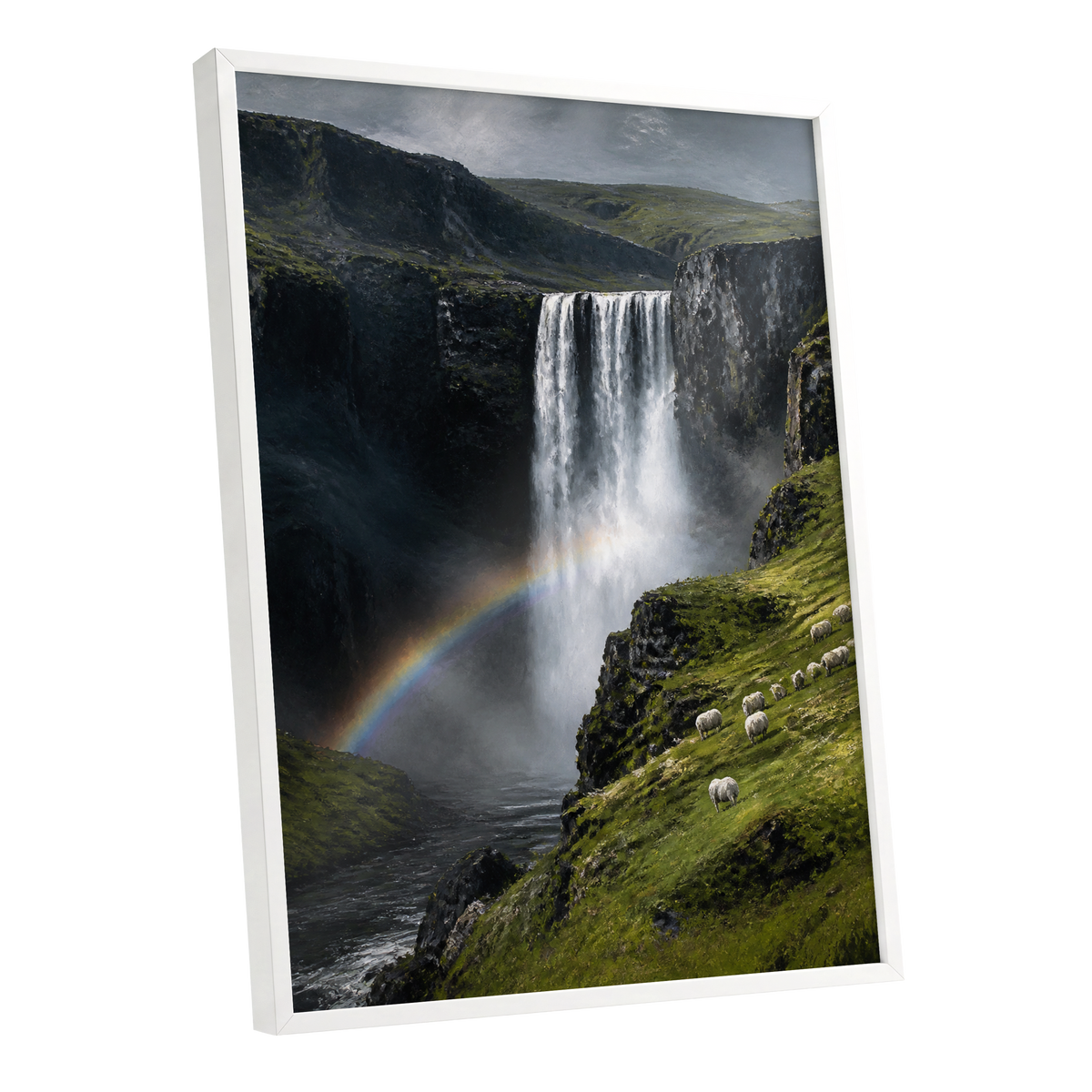 Rainbow at the Falls, green, black, white nature wall art shown as a white framed poster wall art print