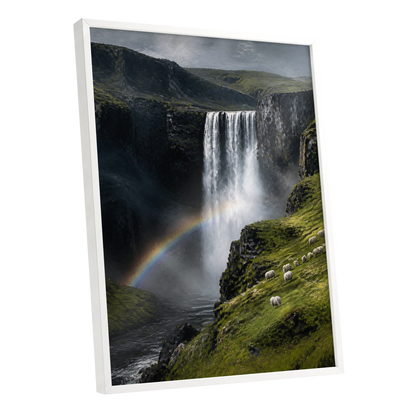 Rainbow at the Falls, green, black, white nature wall art shown as a white framed poster wall art print