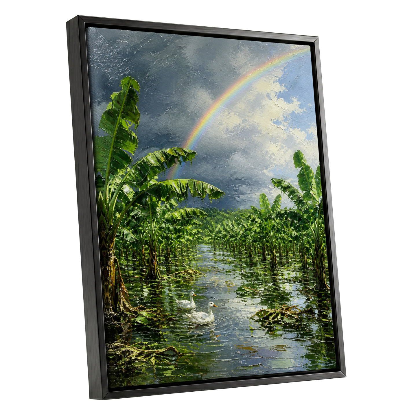 Rainbow Over Banana Grove, green, blue, gray nature wall art shown as a black framed canvas wall art