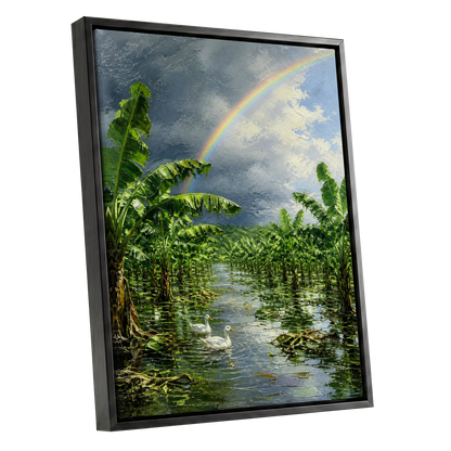 Rainbow Over Banana Grove, green, blue, gray nature wall art shown as a black framed canvas wall art