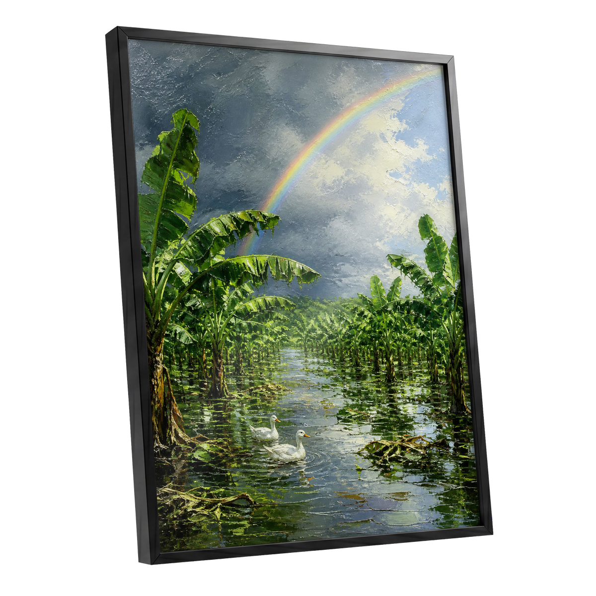 Rainbow Over Banana Grove, green, blue, gray nature wall art shown as a black framed poster wall art print