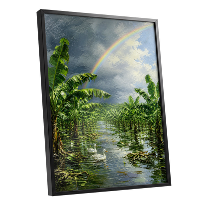 Rainbow Over Banana Grove, green, blue, gray nature wall art shown as a black framed poster wall art print