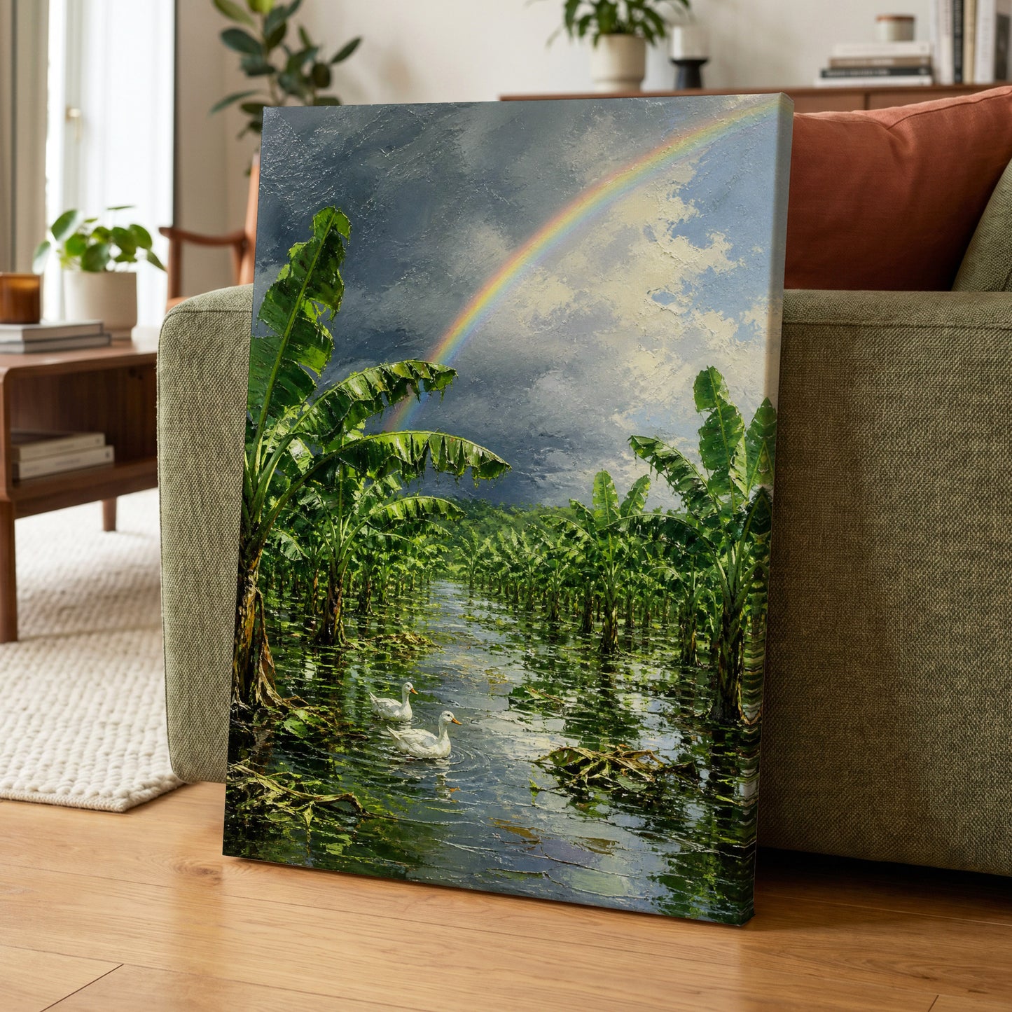 Rainbow Over Banana Grove, green, blue, gray nature wall art on canvas displayed in a styled interior, gallery view 1