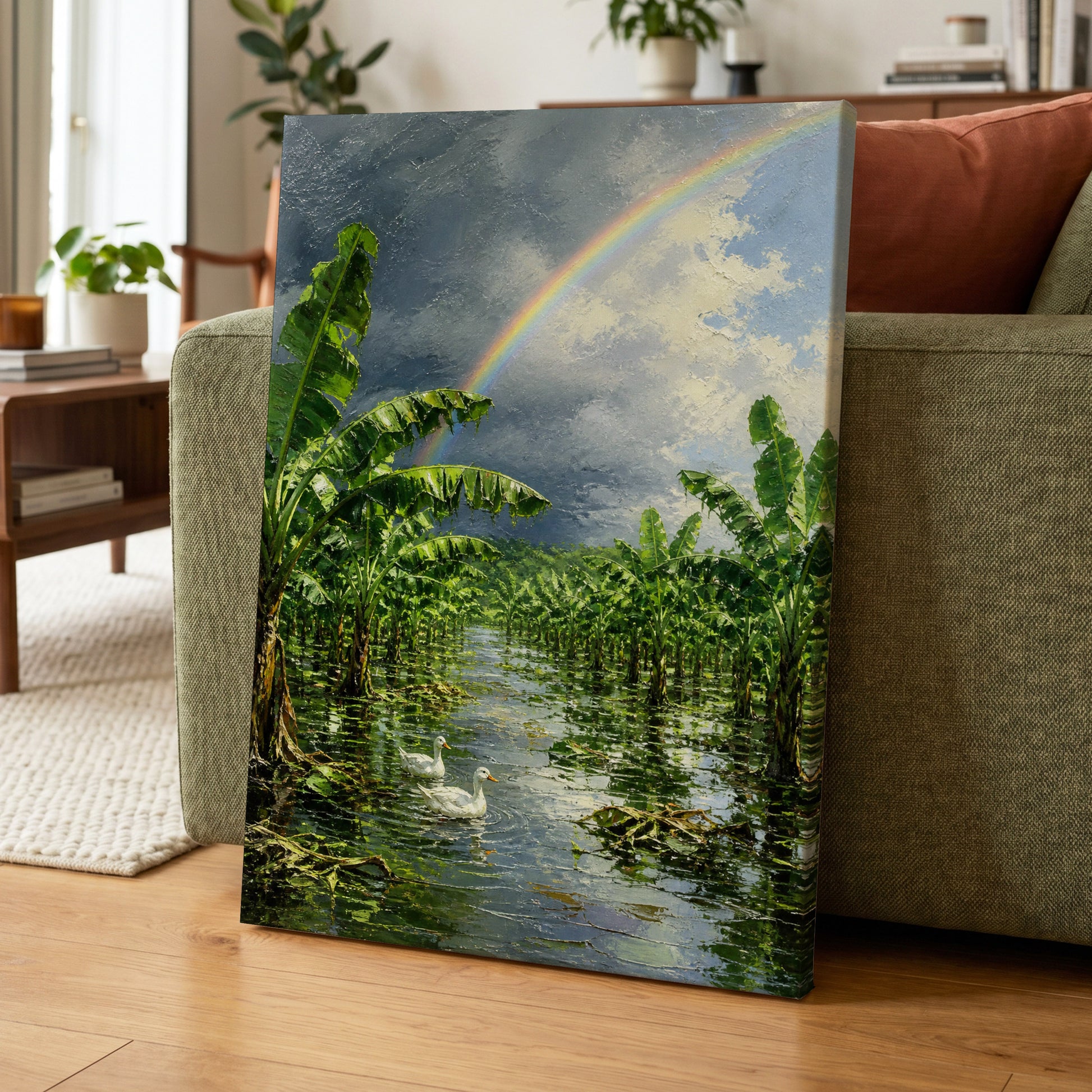 Rainbow Over Banana Grove, green, blue, gray nature wall art on canvas displayed in a styled interior, gallery view 1