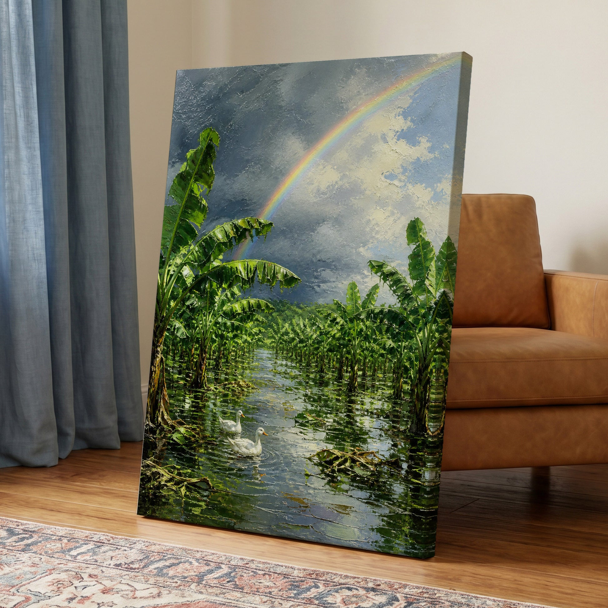 Rainbow Over Banana Grove, green, blue, gray nature wall art on canvas displayed in a styled interior, gallery view 2
