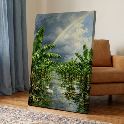 Rainbow Over Banana Grove, green, blue, gray nature wall art on canvas displayed in a styled interior, gallery view 2