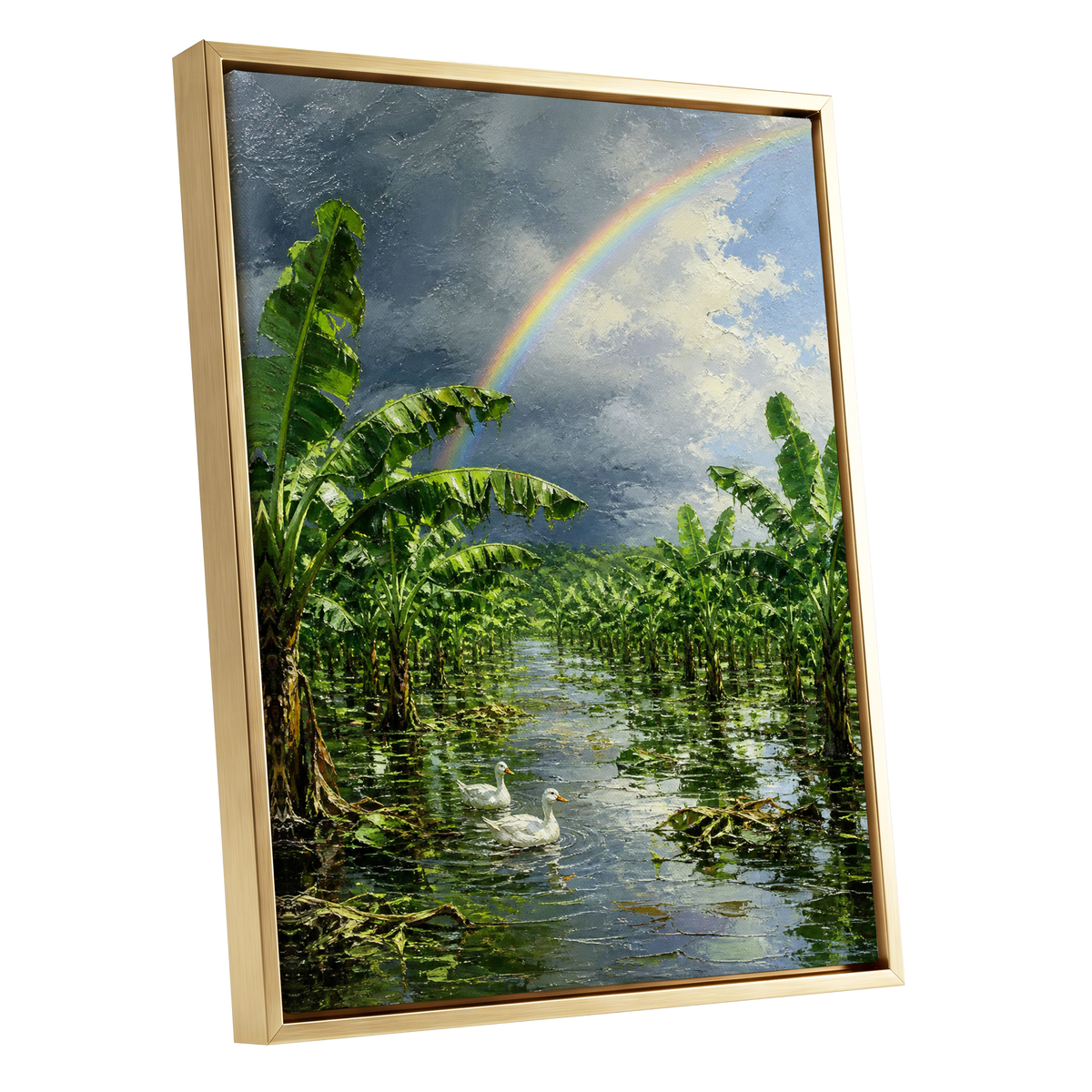 Rainbow Over Banana Grove, green, blue, gray nature wall art shown as a gold framed canvas wall art
