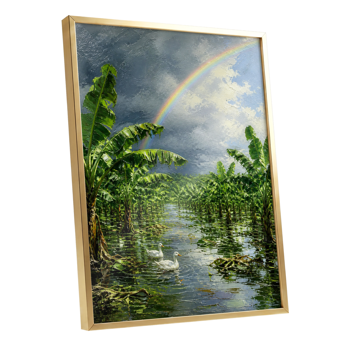 Rainbow Over Banana Grove, green, blue, gray nature wall art shown as a gold framed poster wall art print