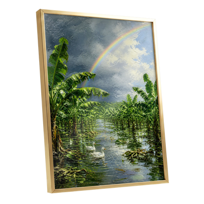Rainbow Over Banana Grove, green, blue, gray nature wall art shown as a gold framed poster wall art print