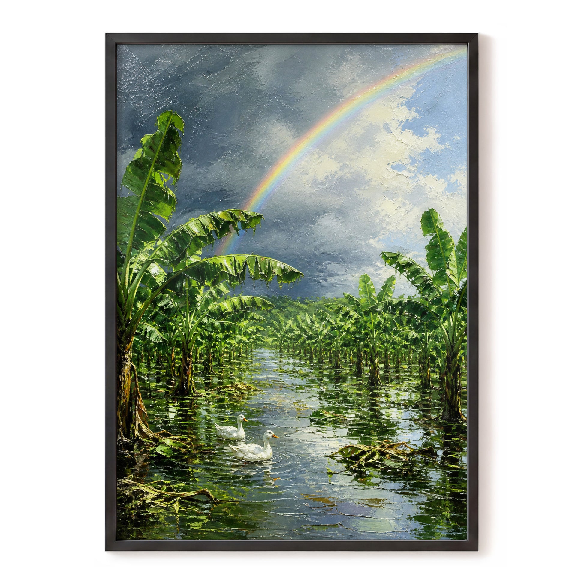 Rainbow Over Banana Grove, green, blue, gray nature wall art, front artwork view