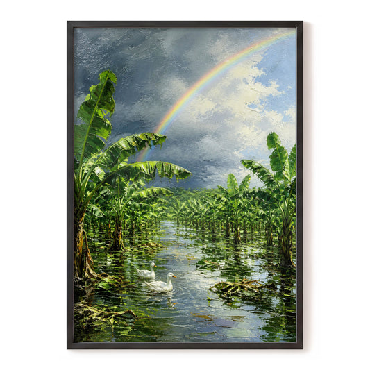 Rainbow Over Banana Grove, green, blue, gray nature wall art, front artwork view