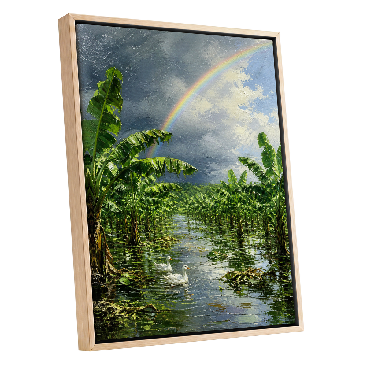 Rainbow Over Banana Grove, green, blue, gray nature wall art shown as a oak framed canvas wall art