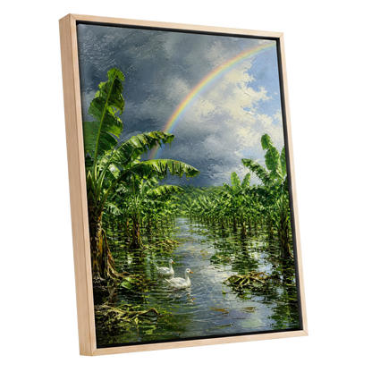 Rainbow Over Banana Grove, green, blue, gray nature wall art shown as a oak framed canvas wall art