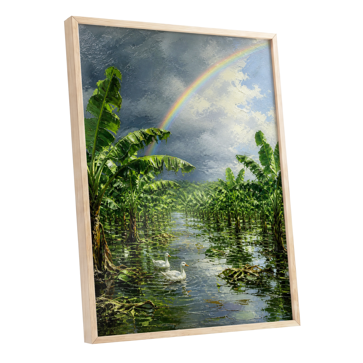 Rainbow Over Banana Grove, green, blue, gray nature wall art shown as a oak framed poster wall art print