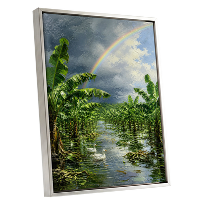 Rainbow Over Banana Grove, green, blue, gray nature wall art shown as a silver framed canvas wall art