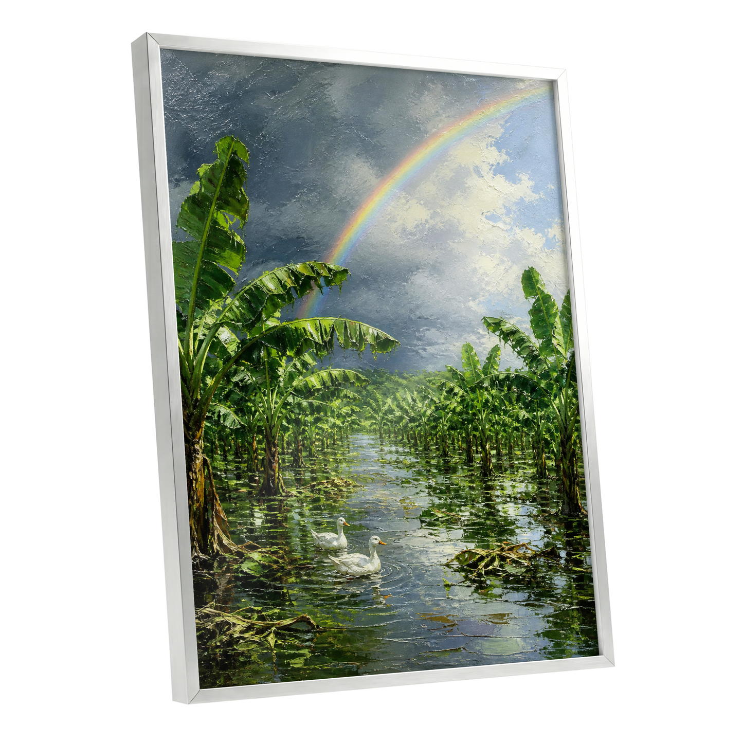 Rainbow Over Banana Grove, green, blue, gray nature wall art shown as a silver framed poster wall art print