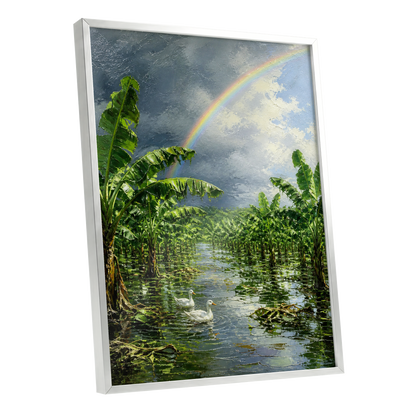 Rainbow Over Banana Grove, green, blue, gray nature wall art shown as a silver framed poster wall art print