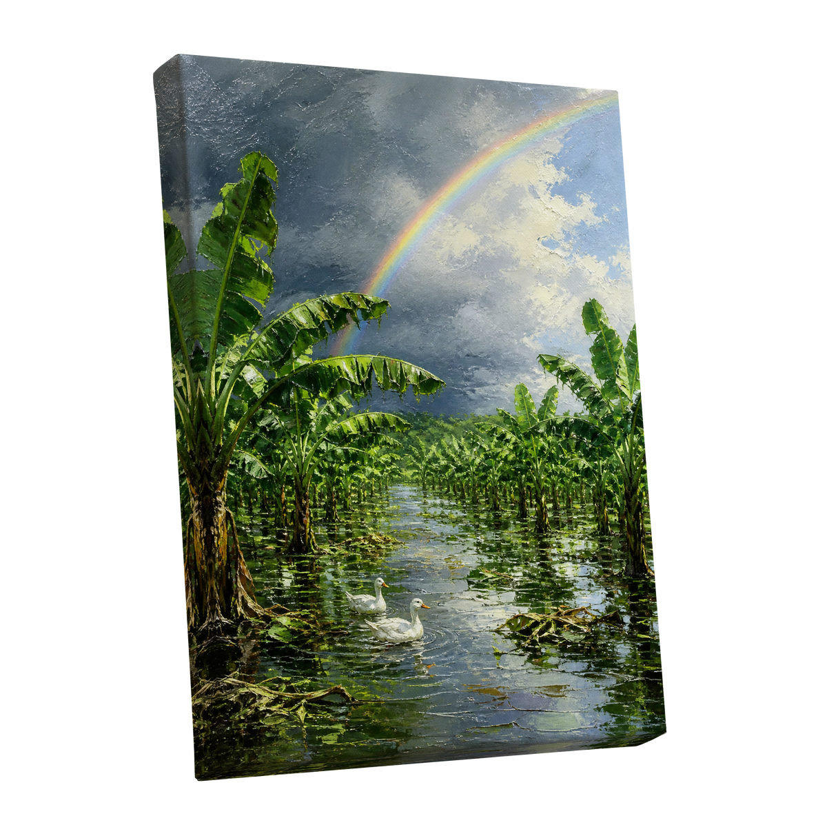 Rainbow Over Banana Grove, green, blue, gray nature wall art shown as a stretched canvas wall art