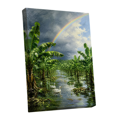 Rainbow Over Banana Grove, green, blue, gray nature wall art shown as a stretched canvas wall art