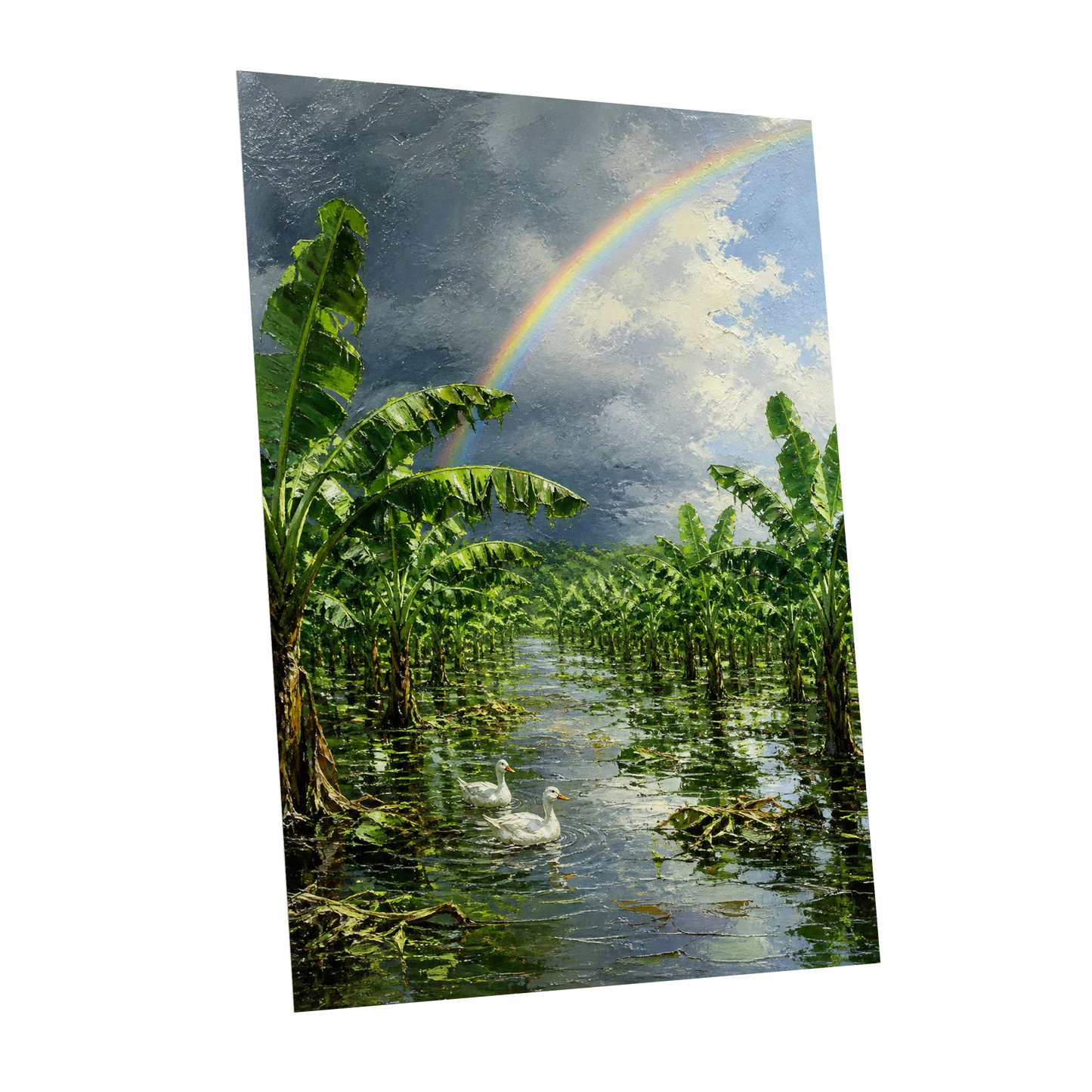 Rainbow Over Banana Grove, green, blue, gray nature wall art shown as a unframed poster wall art print