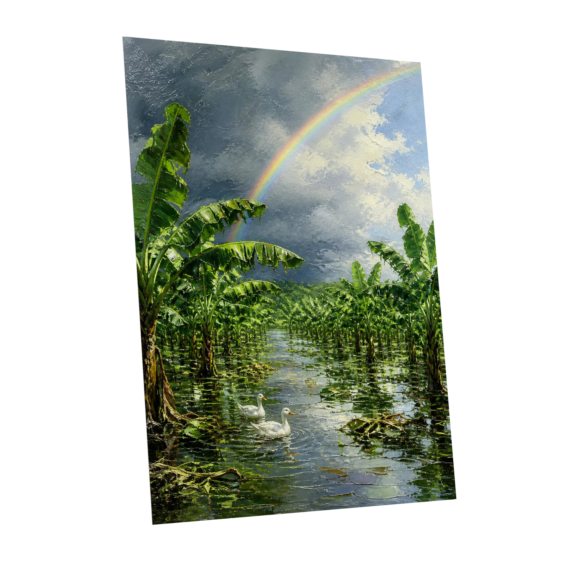 Rainbow Over Banana Grove, green, blue, gray nature wall art shown as a unframed poster wall art print