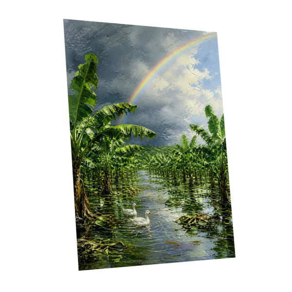 Rainbow Over Banana Grove, green, blue, gray nature wall art shown as a unframed poster wall art print