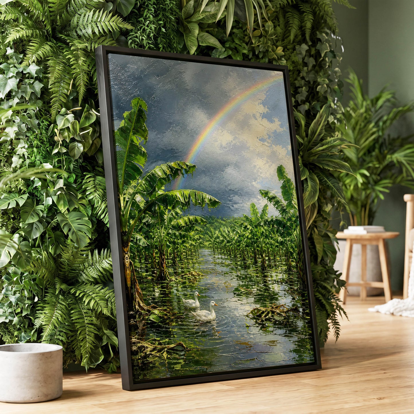 Rainbow Over Banana Grove, green, blue, gray nature wall art displayed in a styled interior, gallery view 1