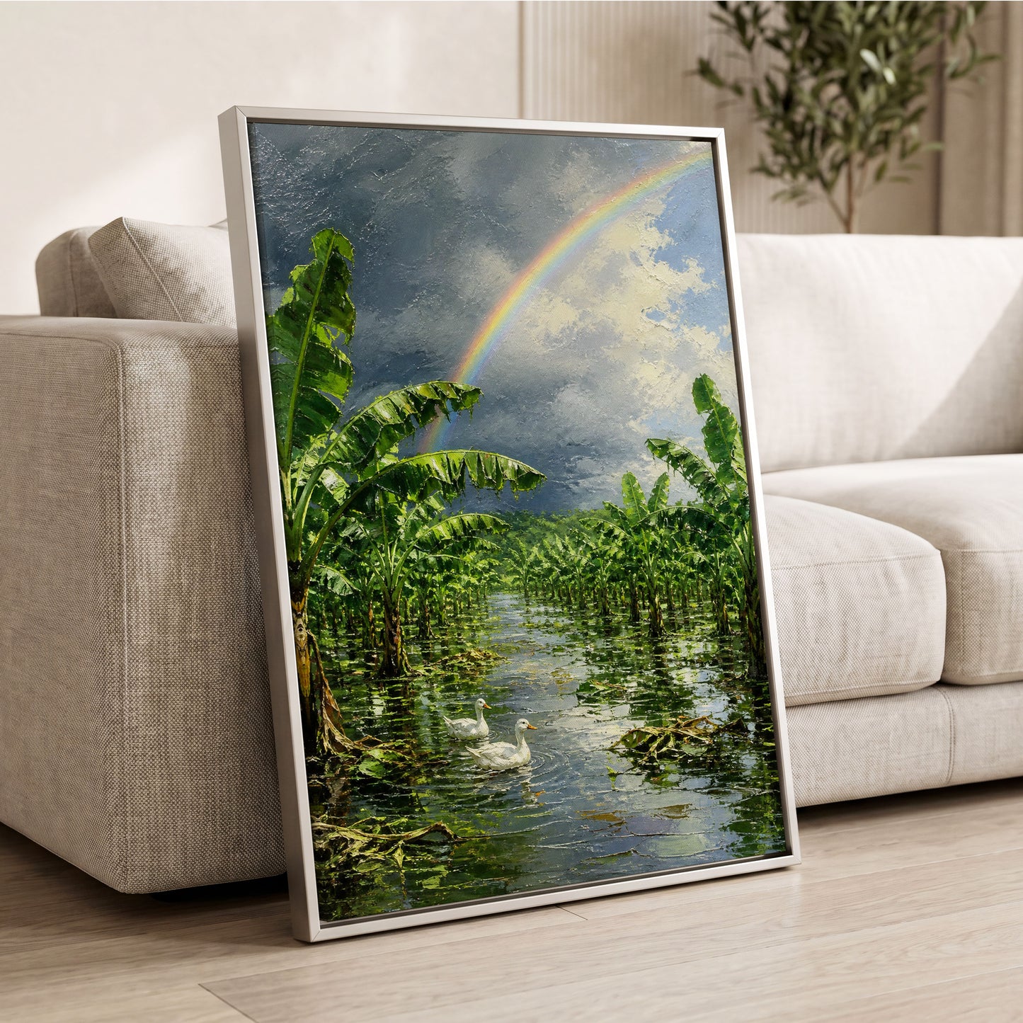 Rainbow Over Banana Grove, green, blue, gray nature wall art displayed in a styled interior, gallery view 2
