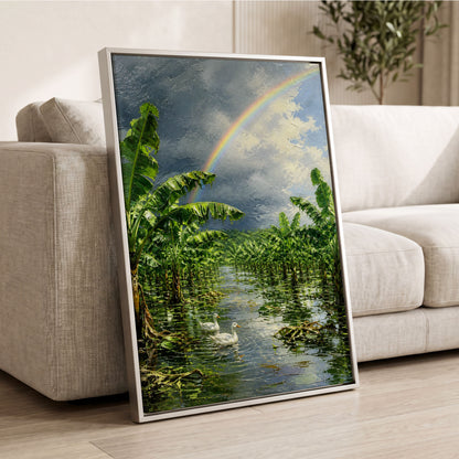 Rainbow Over Banana Grove, green, blue, gray nature wall art displayed in a styled interior, gallery view 2
