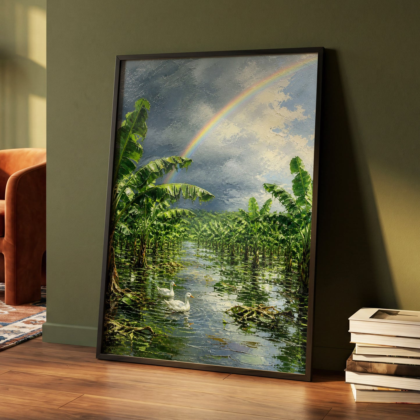 Rainbow Over Banana Grove, green, blue, gray nature wall art displayed in a styled interior, gallery view 4