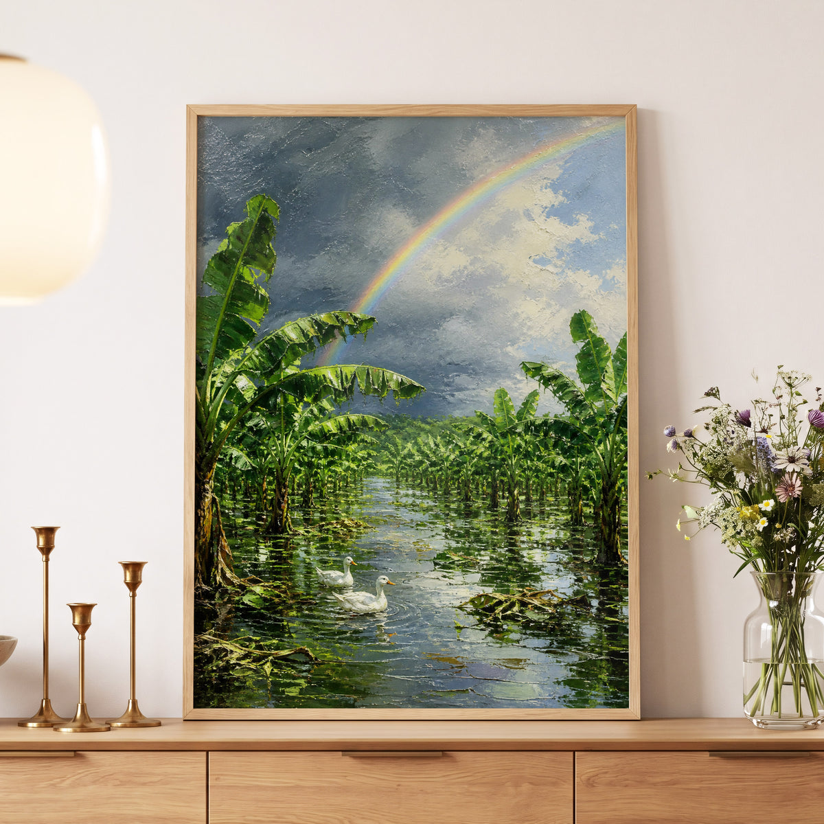 Rainbow Over Banana Grove, green, blue, gray nature wall art displayed in a styled interior, gallery view 5