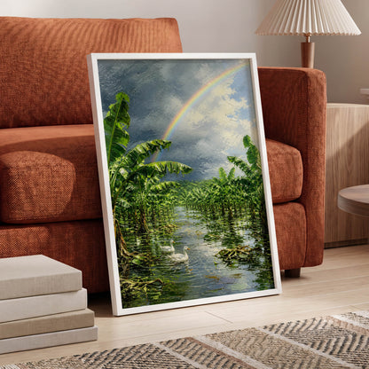 Rainbow Over Banana Grove, green, blue, gray nature wall art displayed in a styled interior, gallery view 6