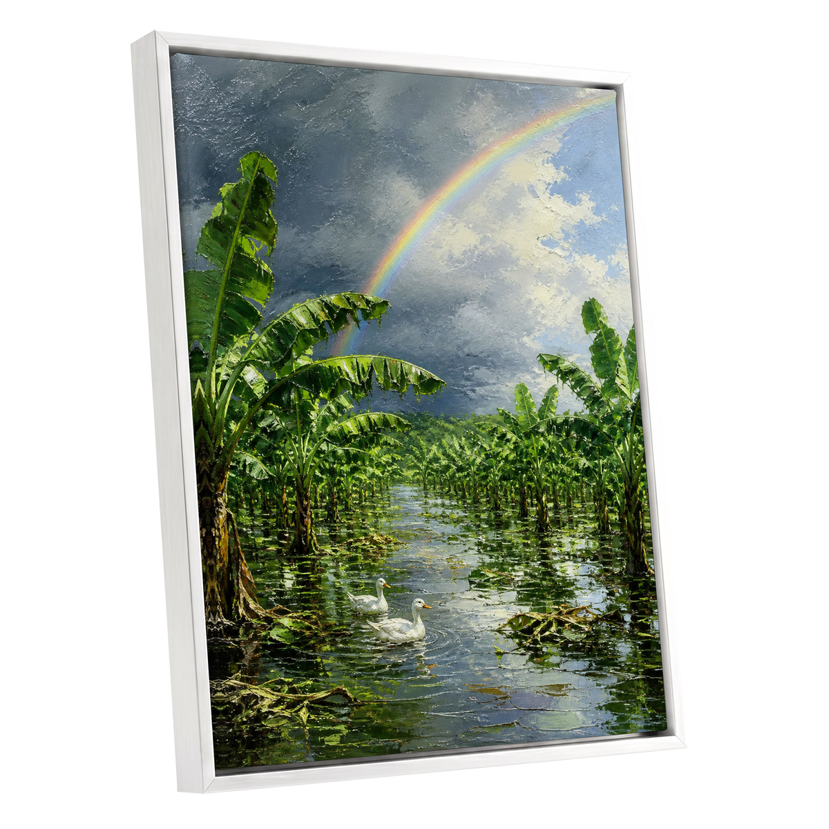 Rainbow Over Banana Grove, green, blue, gray nature wall art shown as a white framed canvas wall art