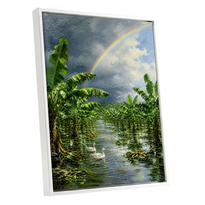 Rainbow Over Banana Grove, green, blue, gray nature wall art shown as a white framed canvas wall art