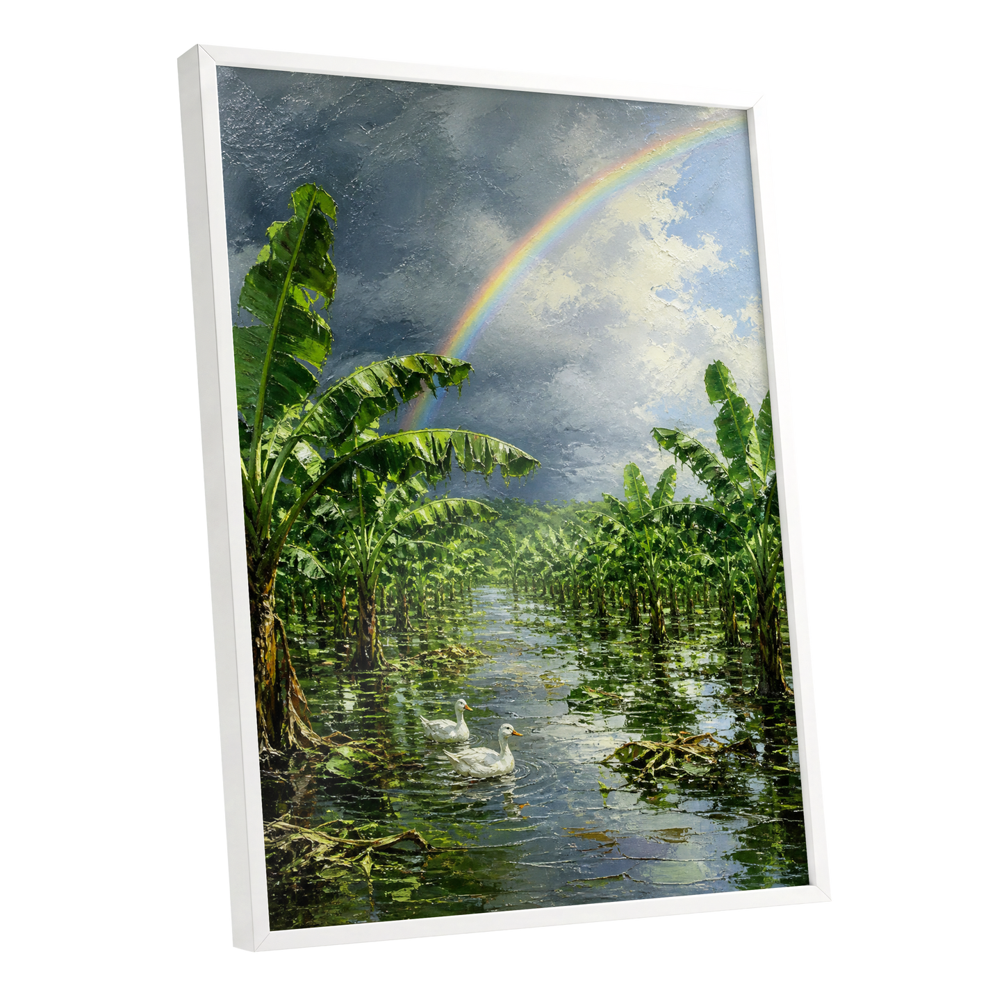 Rainbow Over Banana Grove, green, blue, gray nature wall art shown as a white framed poster wall art print