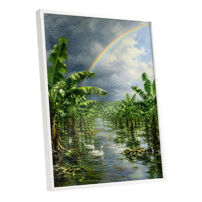 Rainbow Over Banana Grove, green, blue, gray nature wall art shown as a white framed poster wall art print