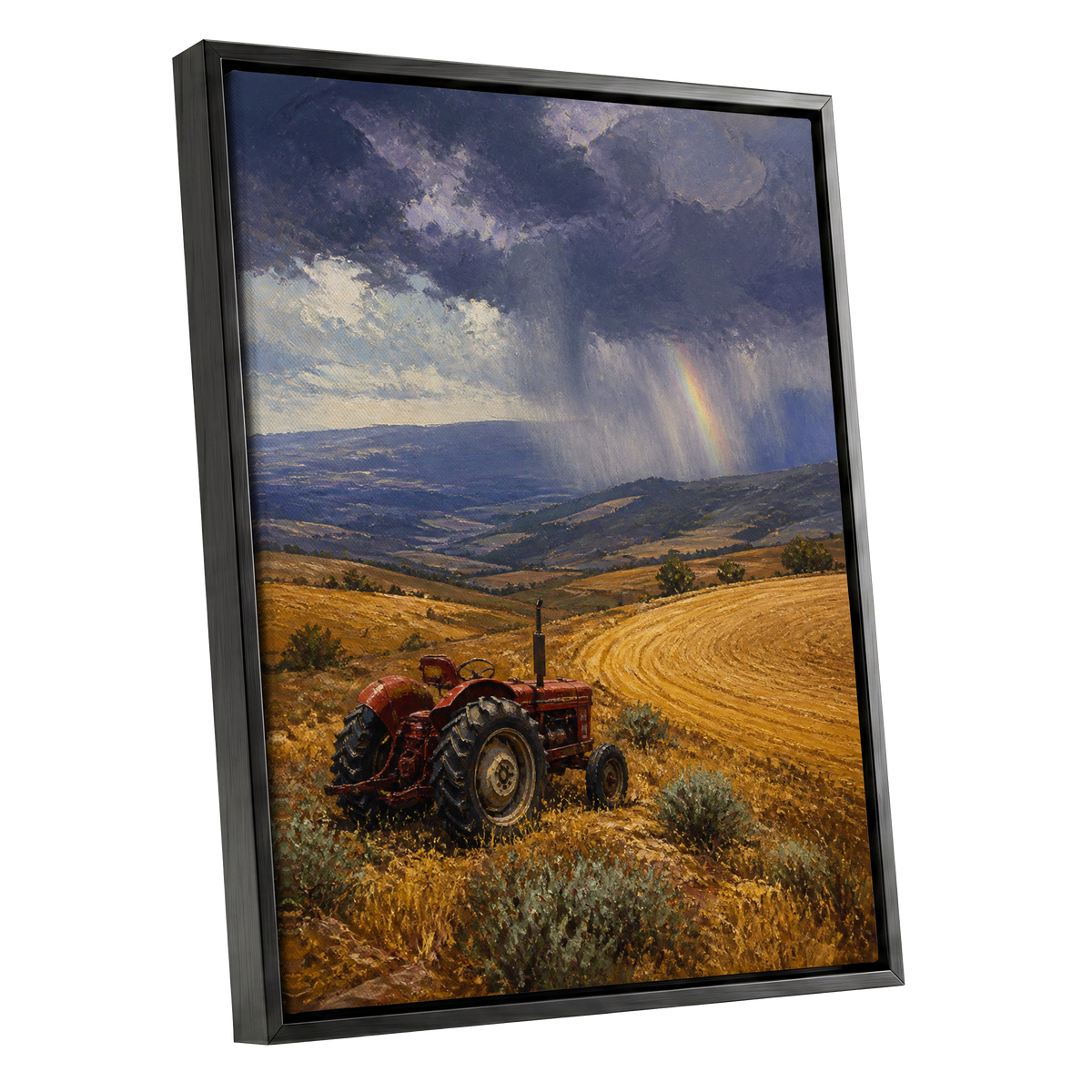 Rainbow Over Harvest, gold, blue, red nature wall art shown as a black framed canvas wall art