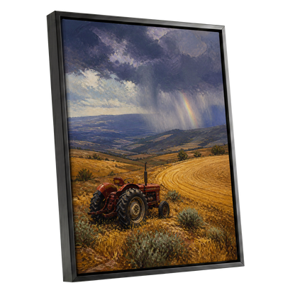 Rainbow Over Harvest, gold, blue, red nature wall art shown as a black framed canvas wall art