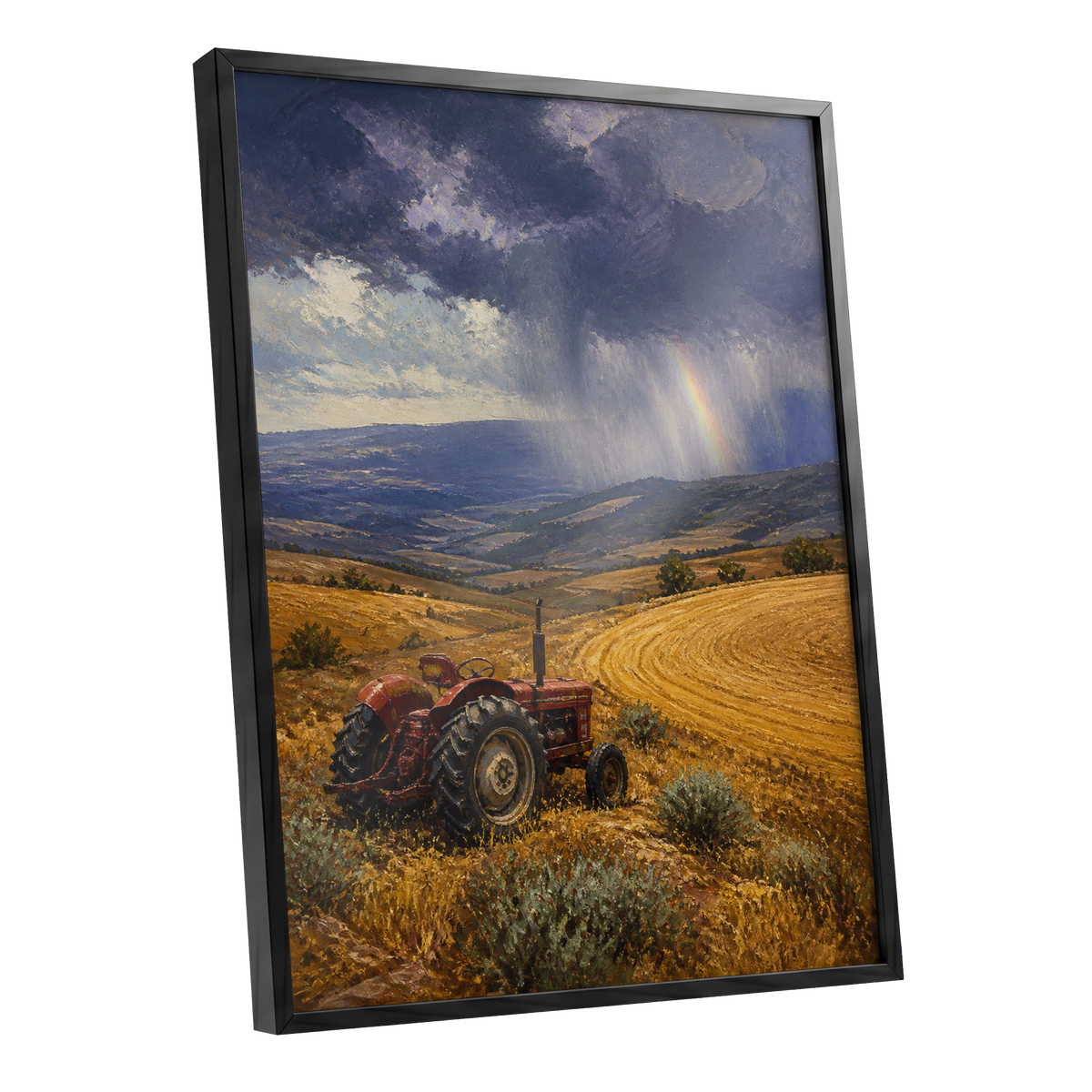 Rainbow Over Harvest, gold, blue, red nature wall art shown as a black framed poster wall art print