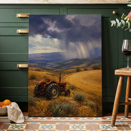 Rainbow Over Harvest, gold, blue, red nature wall art on canvas displayed in a styled interior, gallery view 1