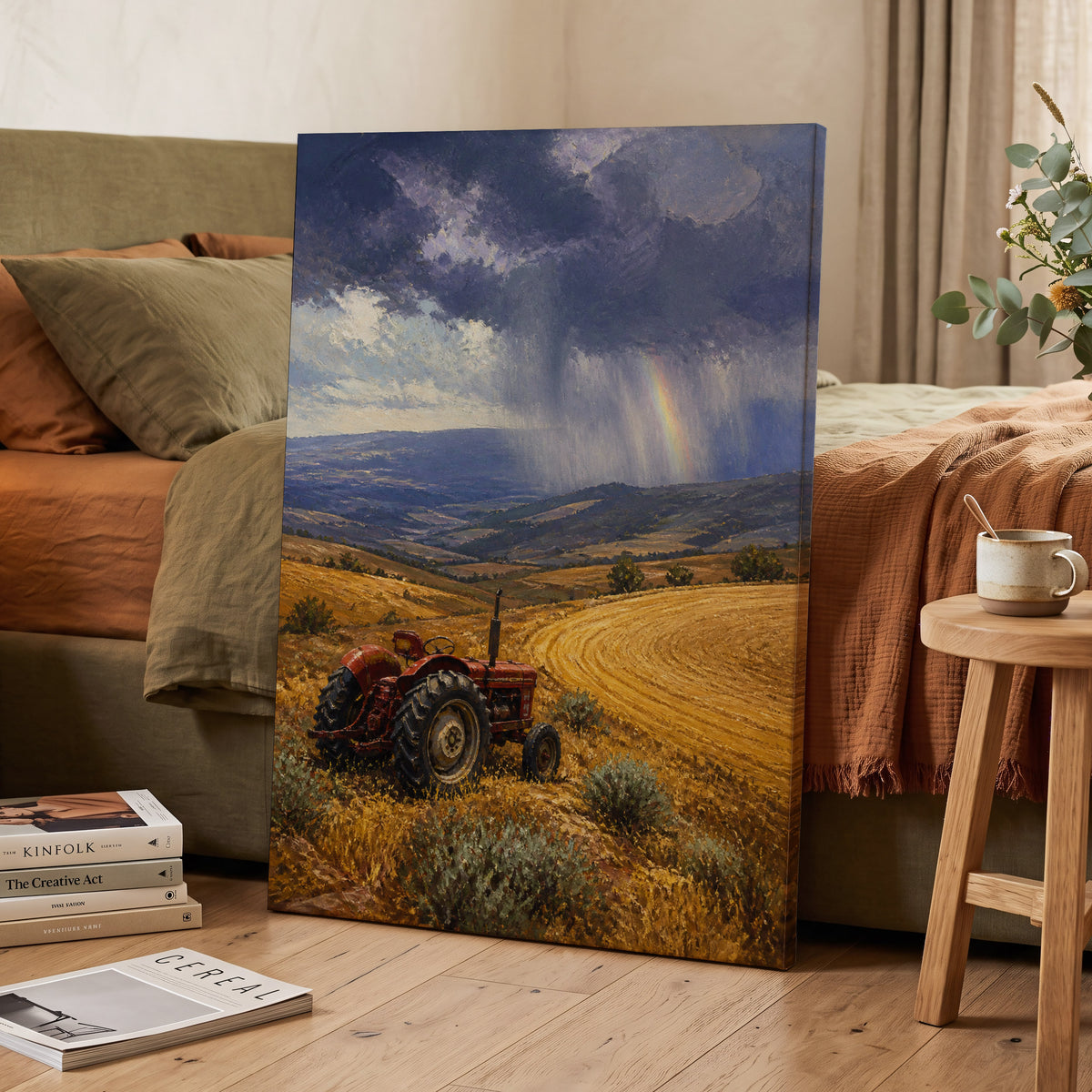 Rainbow Over Harvest, gold, blue, red nature wall art on canvas displayed in a styled interior, gallery view 2