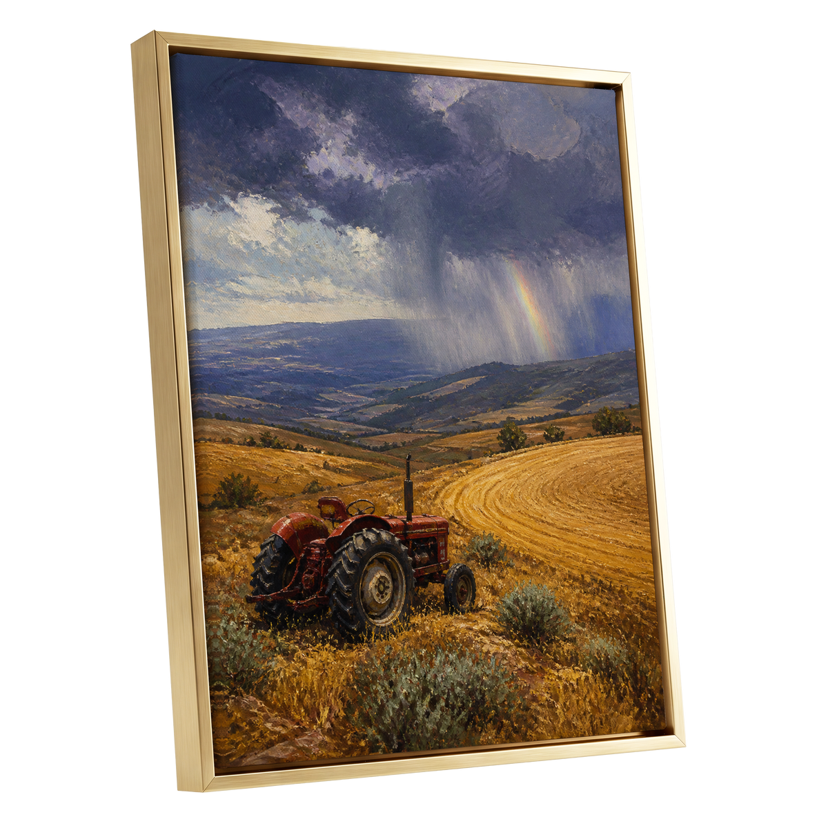 Rainbow Over Harvest, gold, blue, red nature wall art shown as a gold framed canvas wall art