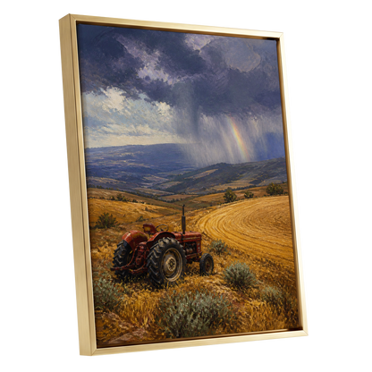 Rainbow Over Harvest, gold, blue, red nature wall art shown as a gold framed canvas wall art