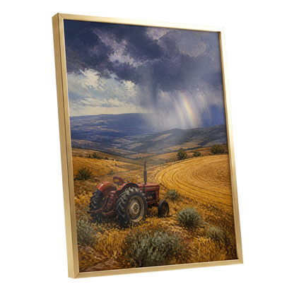 Rainbow Over Harvest, gold, blue, red nature wall art shown as a gold framed poster wall art print