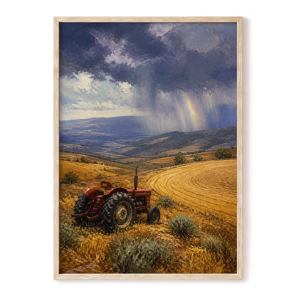 Rainbow Over Harvest, gold, blue, red nature wall art, front artwork view