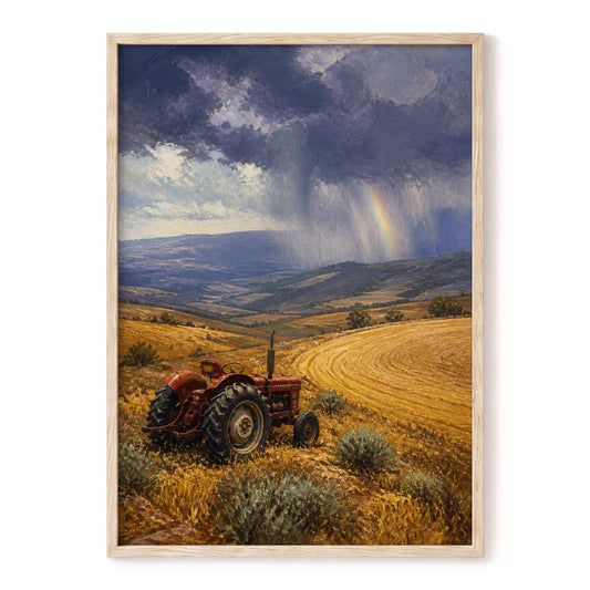 Rainbow Over Harvest, gold, blue, red nature wall art, front artwork view