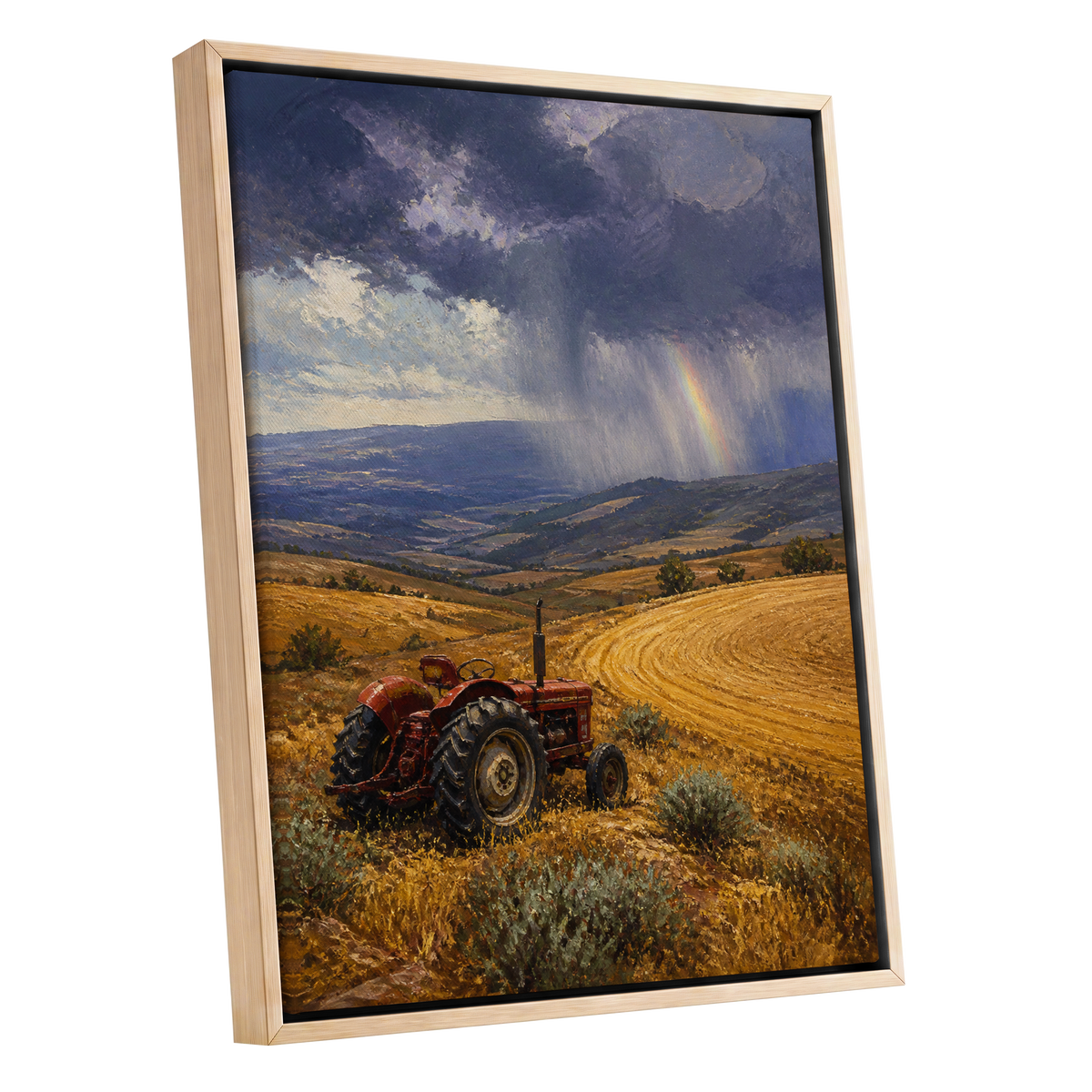 Rainbow Over Harvest, gold, blue, red nature wall art shown as a oak framed canvas wall art