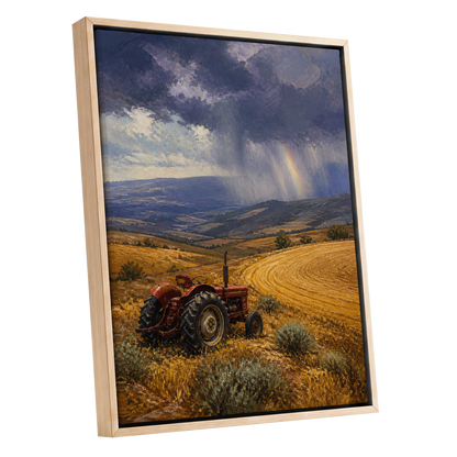 Rainbow Over Harvest, gold, blue, red nature wall art shown as a oak framed canvas wall art